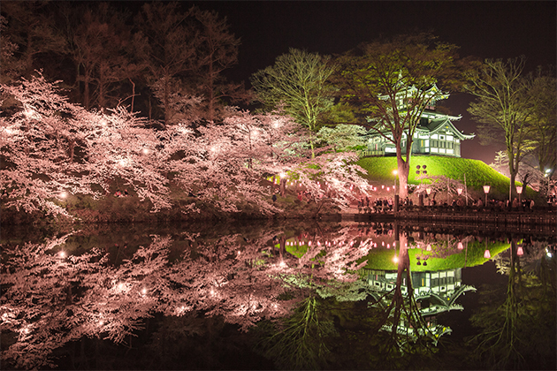 高田城の三重櫓と夜桜。堀の水面に映る三重櫓が美しい