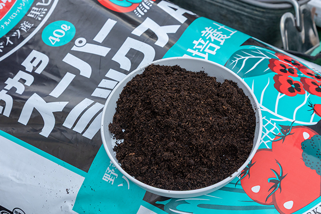 今回使う「スーパーミックスA<sup>&reg;</sup>（タネまき・育苗用土）」※は、生育初期に必要な肥料がバランスよく配合されている<br/>※サカタのタネ 公式オンラインショップで購入可能。