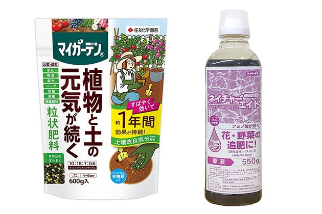左：マイガーデン(R)粒状肥料　右：ネイチャーエイド 有機の液肥