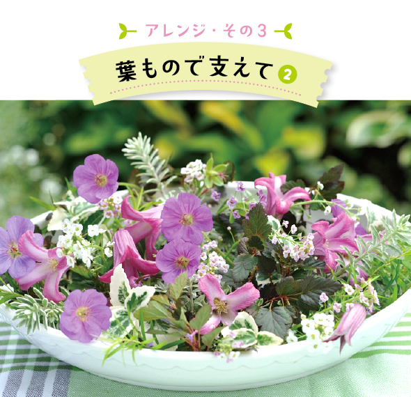 （使用した草花：メラレウカ、アメリカテマリシモツケ「ディアボロ」、ツルマサキ、ウエストリンギア、クレマチス「踊場」、アリッサム、ゲラニウム「ロザンネイ」）