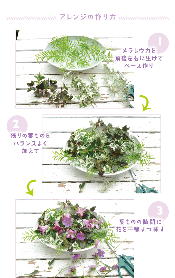 ［1］メラレウカの小枝を前後左右に生けて、葉もののベッドのベースを作る［2］残ったそれぞれの葉ものを小枝に分け、色のバランスを取りながら飾る［3］葉ものの隙間に小花を挿す。テーブルに飾るなら、四方から花が見えるように