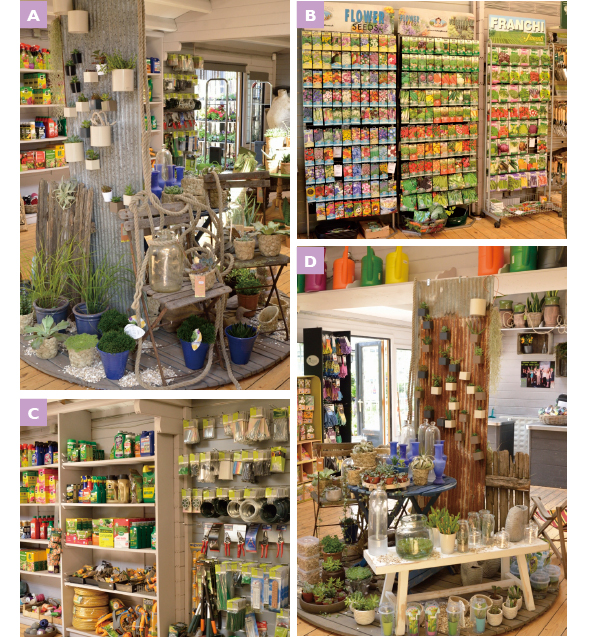 ［A］ エアープランツと観葉植物を展示したコーナー。アンティーク調の椅子とぴったり［B］ 野菜や草花など豊富な種類のタネがそろえてありました［C］ ネームプレートや針金、ホースなどおしゃれな園芸道具がたくさん！［D］ トタン板に飾ったり、テーブルに並べたり、見せる演出が楽しい多肉植物のコーナー