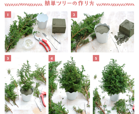 ［1］材料と道具を用意する。ツリーを倒れにくくするためにガラス玉を入れたビニール袋を器の底に置く［2］食事用ナイフを使ってオアシスを整形し、ガラス玉の上に入れる［3］形の良い長い剪定枝を中央に差す［4］隙間を埋めるように、ツリーの形の三角錐をイメージしながら剪定枝を差し込む［5］剪定ばさみでツリーの形に整えて完成。白いクリスマスオーナメントを飾る
