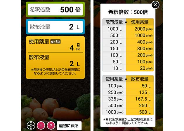 希釈計算アプリ「農薬希釈くん」（出典元：バイエル クロップサイエンス株式会社）