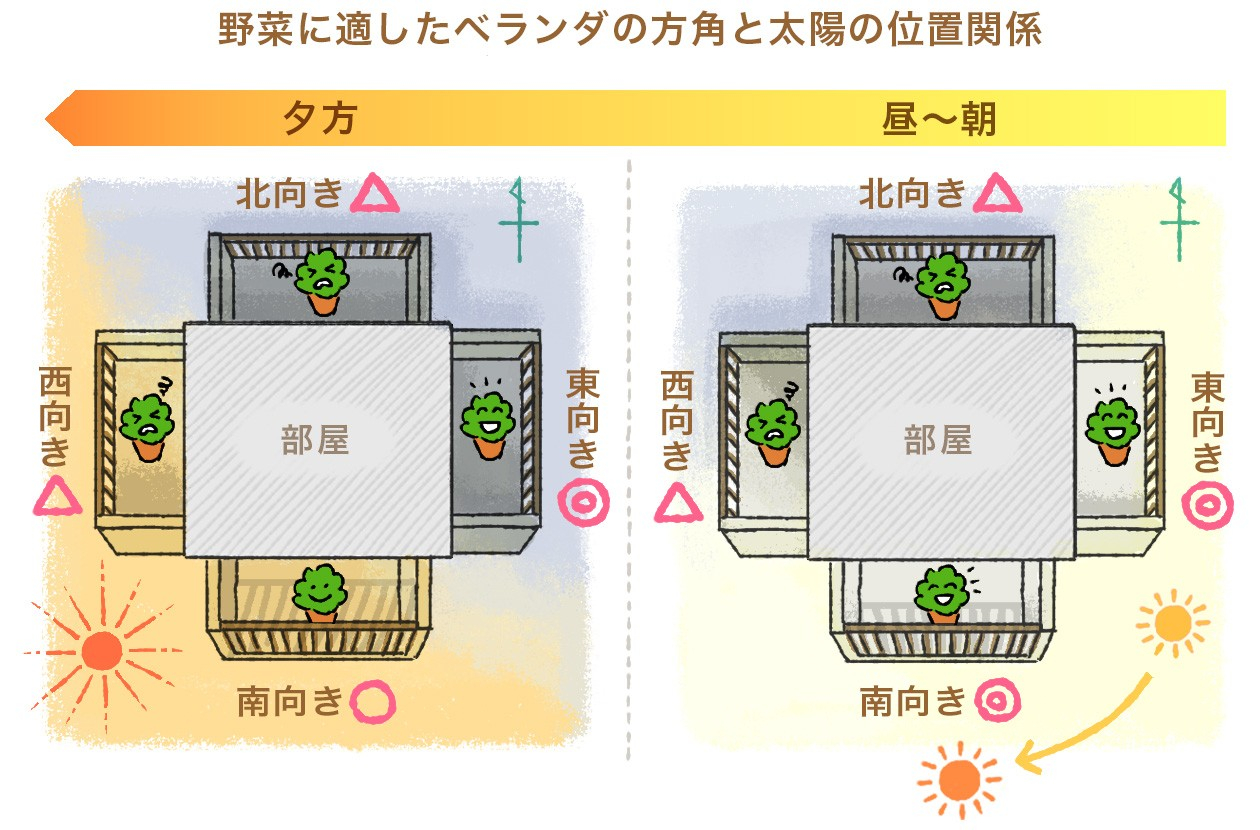 野菜に適したベランダの方角と太陽の位置関係の図