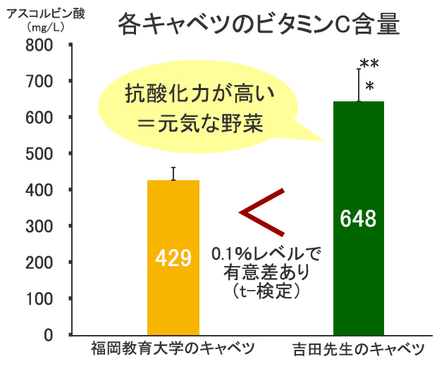 キャベツのビタミンC含有量を比較したグラフ