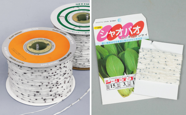 業務用のシーダーテープ（左）と家庭菜園向けサイズのシーダーテープ（右）