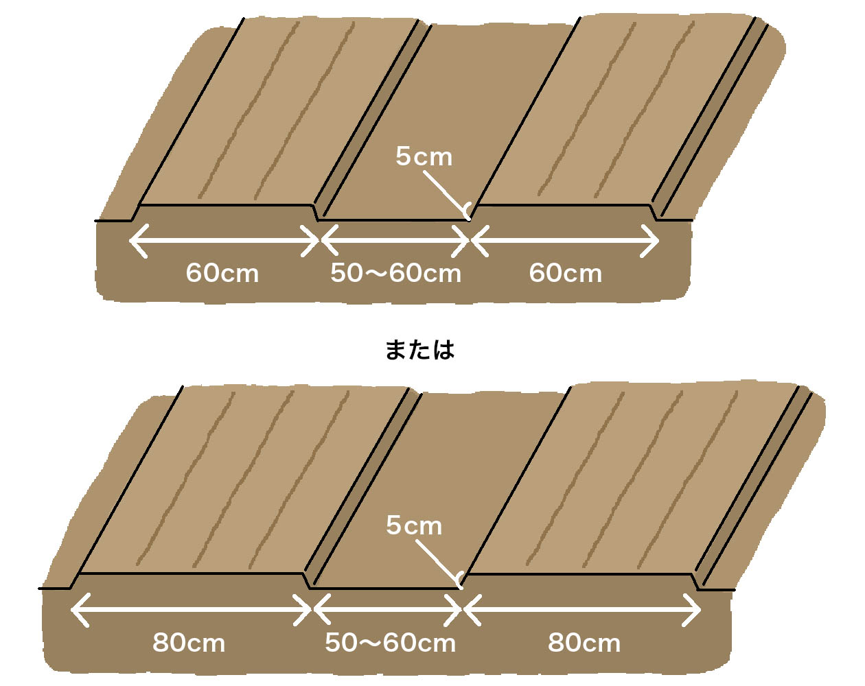 パクチー（コリアンダー）の畑は、畝幅60cmで2条、または畝幅80cmで3条まき（通路50～60cm）とする