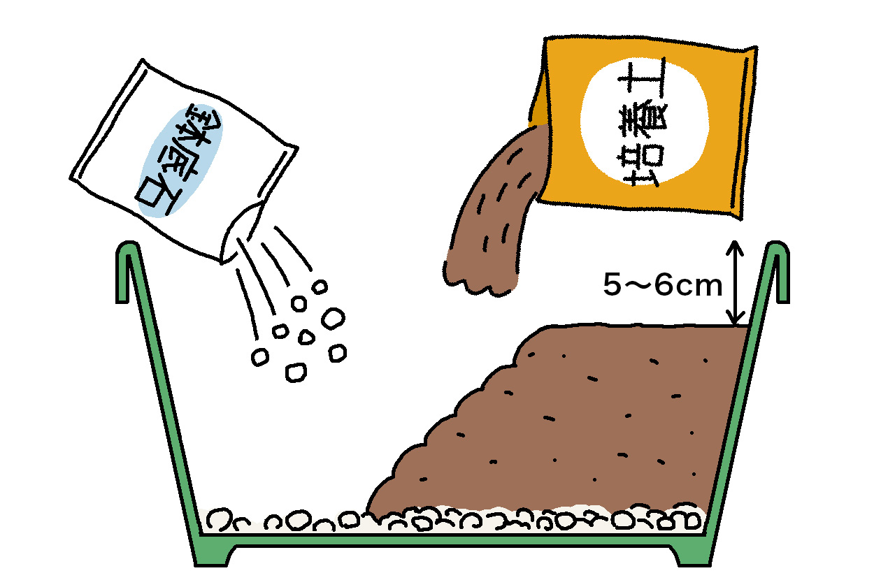 ケールの種まきまたは苗を定植する1週間前に、大型プランターに市販の野菜用培養土と苦土石灰と化成肥料を用土10L当たり各10~20g入れてよく混ぜ合わせておき、1週間ほど土となじませる