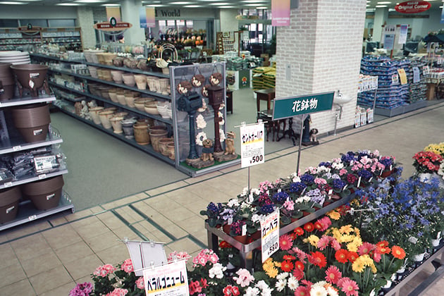 リニューアル直後の屋内売り場。広い店内に豊富な園芸資材を取りそろえる（2002年4月）