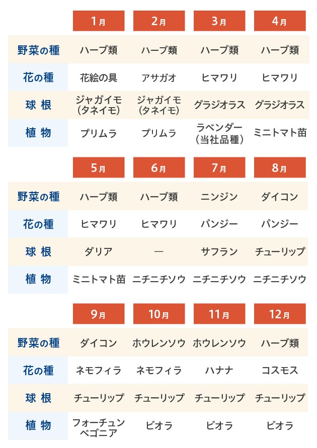 花・野菜種、苗、球根にみる月別売れ筋商品